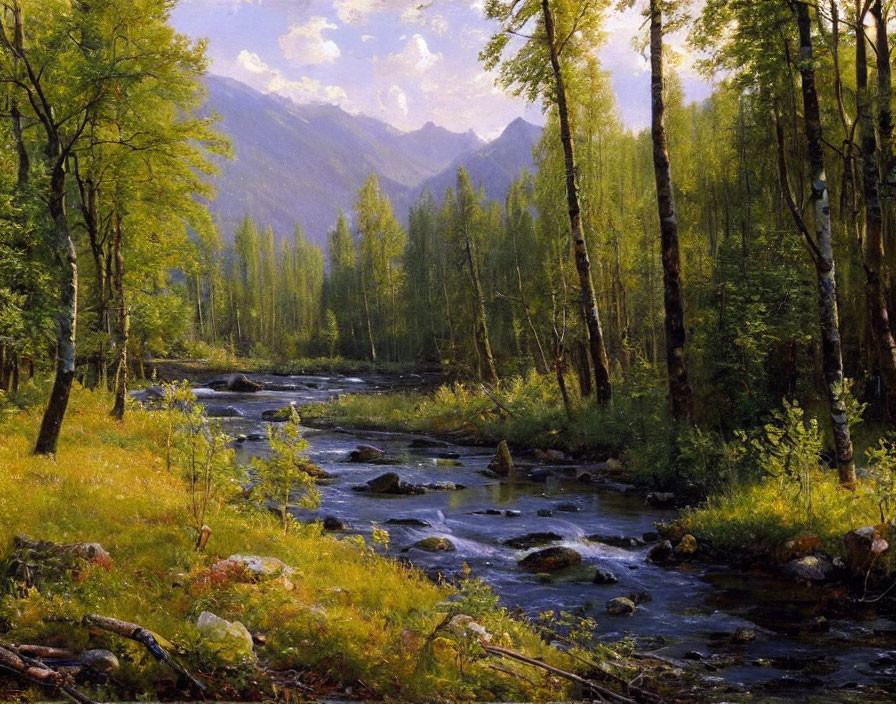 Tranquil landscape: babbling stream, lush forest, tall trees, majestic mountains