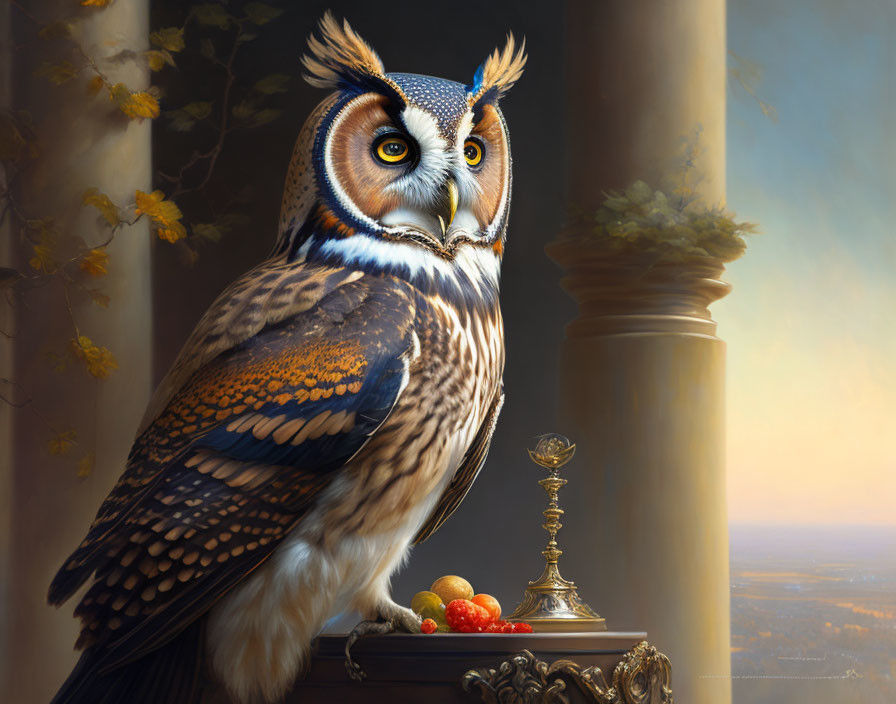 Detailed painting of owl, fruit bowl, goblet, column, and landscape