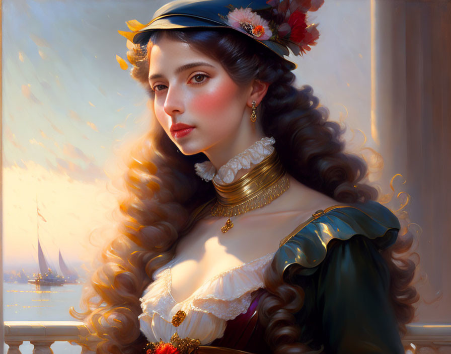 Historical attire portrait of woman with hat, ships, and sunset.