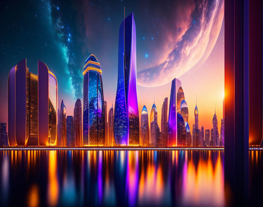 Futuristic city skyline with neon-lit skyscrapers at night