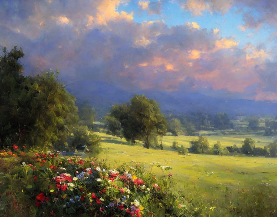 Colorful Flower Meadow Landscape Painting with Mountain Backdrop