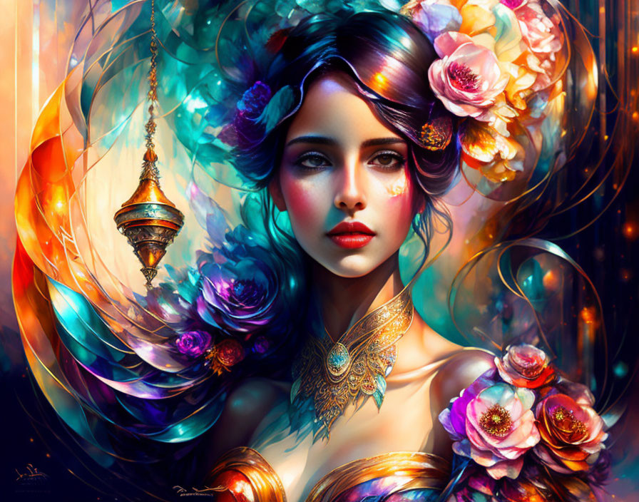 Vibrant digital artwork of a woman with flowers, golden necklace, and mystical lantern.