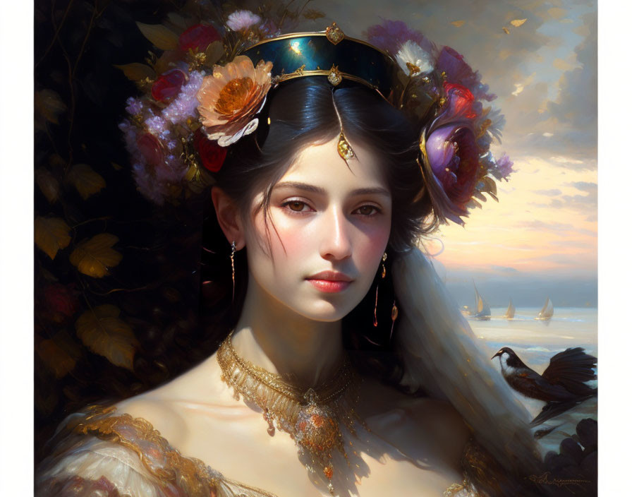 Portrait of a Woman with Crown and Jewelry Against Serene Background