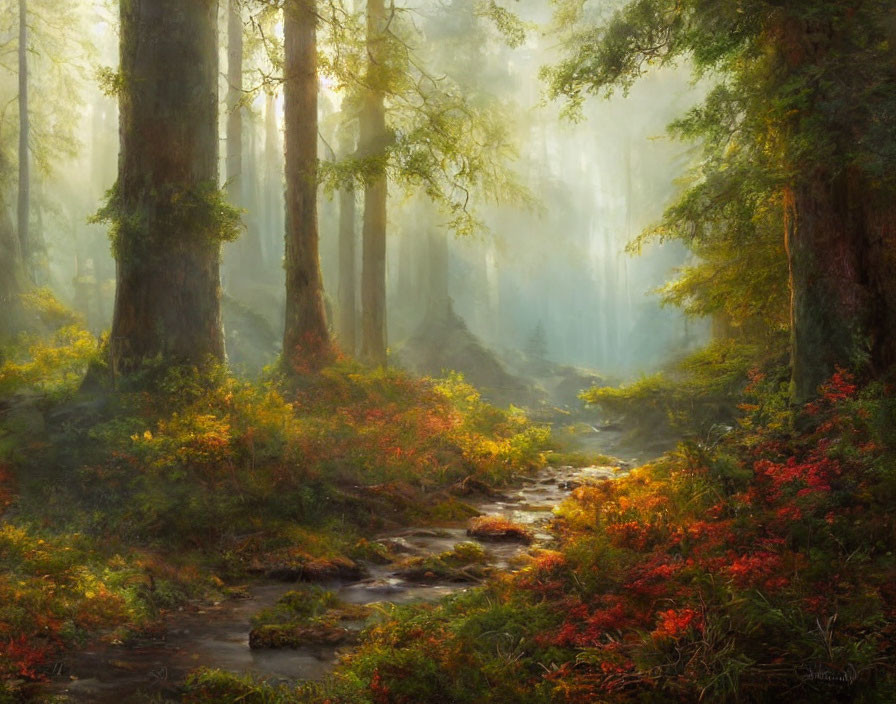 Sunlit Misty Forest with Stream and Colorful Underbrush