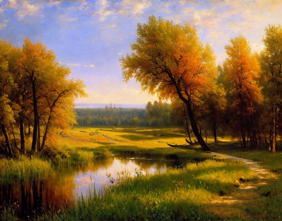 Golden-hued autumn landscape with pond, meadow, and distant forest under clear sky