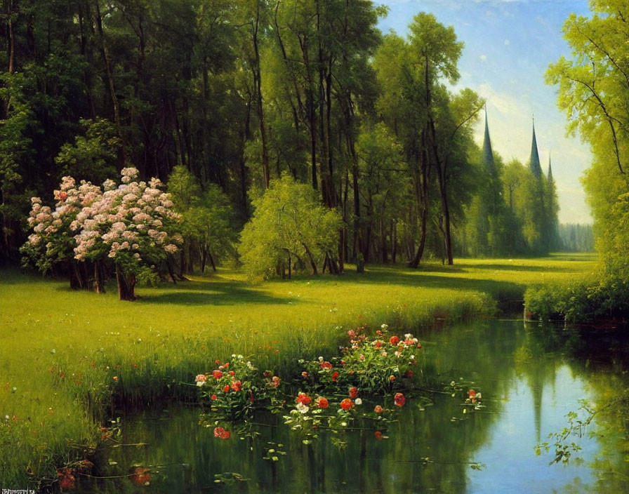 Tranquil river landscape with lush greenery and vibrant flowers