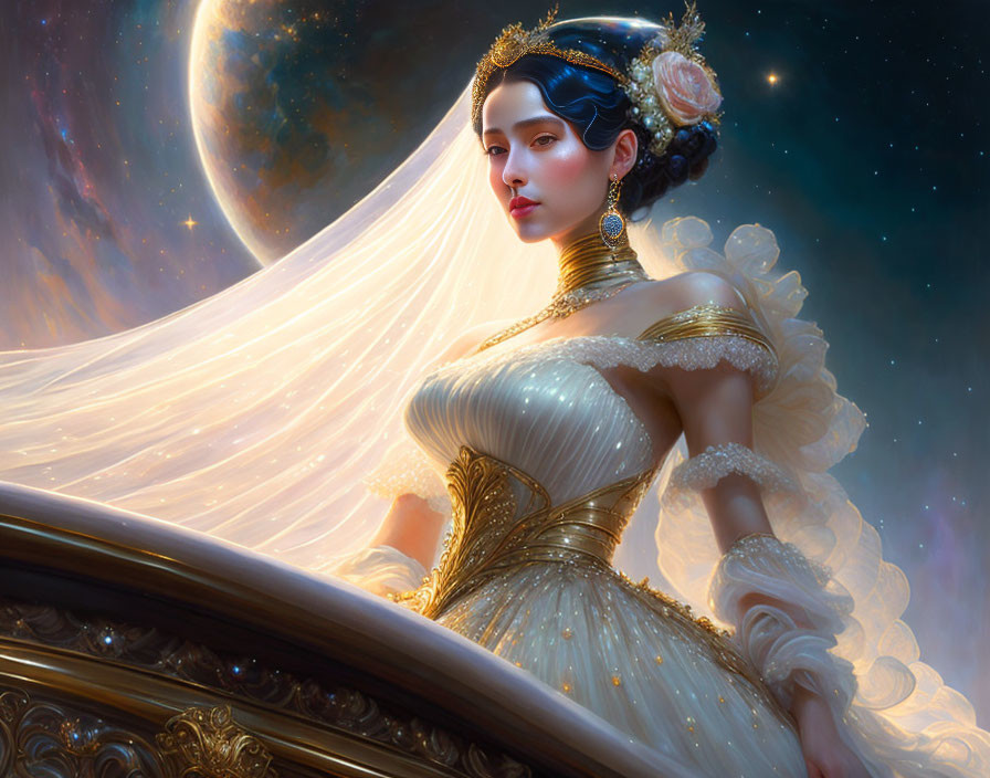 Regal woman in ornate dress with gold jewelry against celestial backdrop