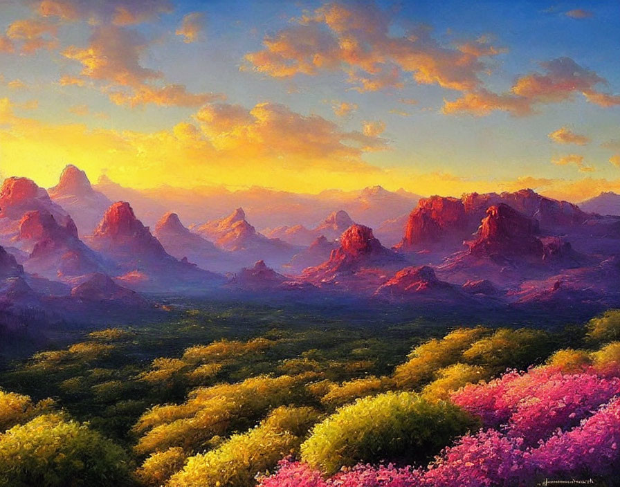 Colorful Flowering Fields and Red Rocky Mountains at Sunset