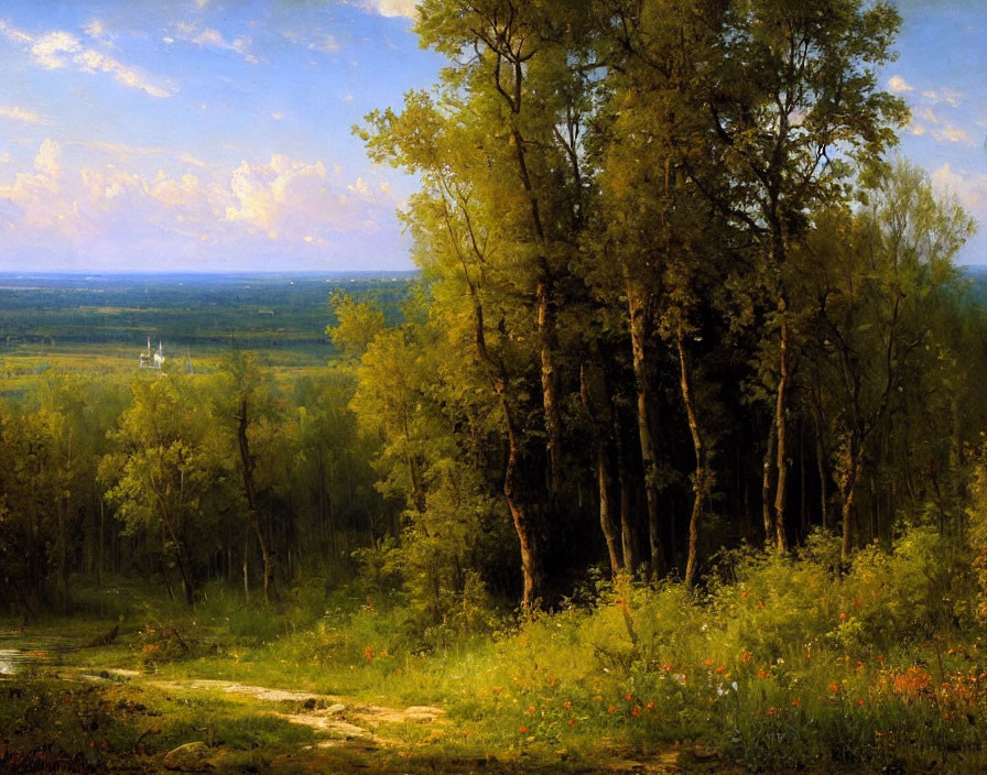 Tranquil landscape painting of lush forest clearing with wildflowers and distant valley view