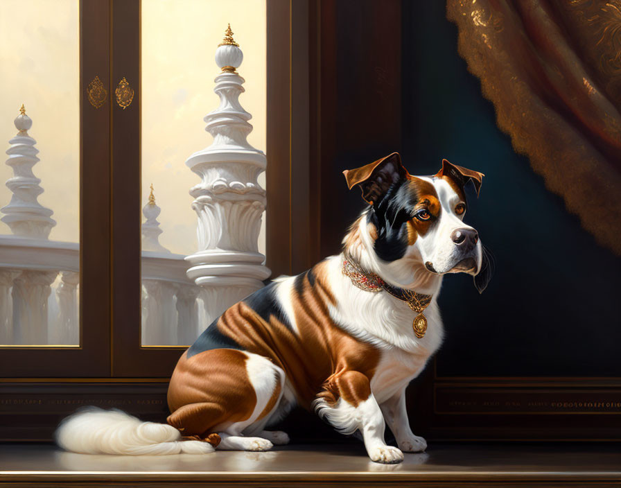 Tricolor dog with regal appearance beside golden-framed painting