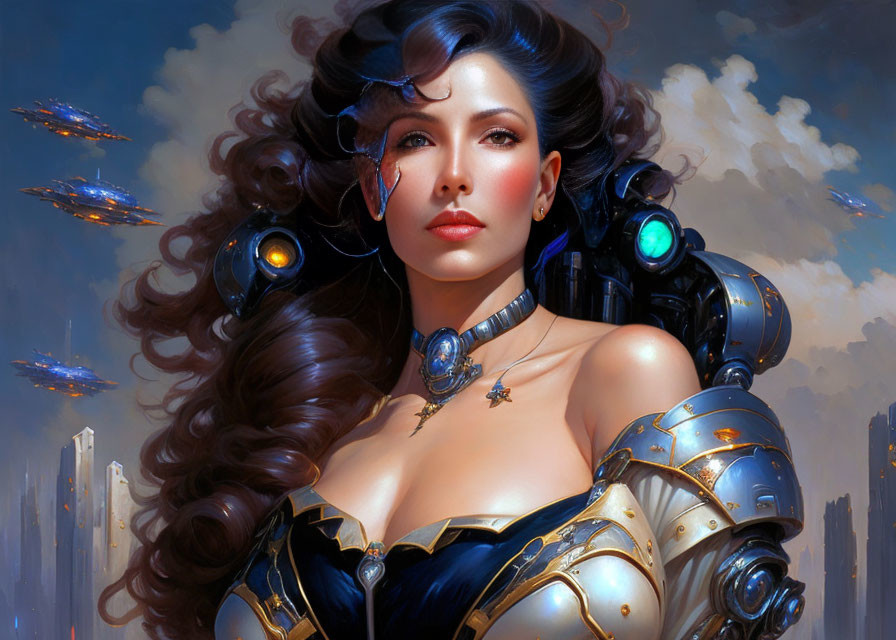 Futuristic digital art: Woman in armor with curly hair in sci-fi cityscape