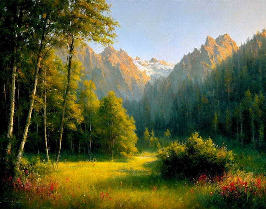 Sunlit meadow surrounded by mountains and forests