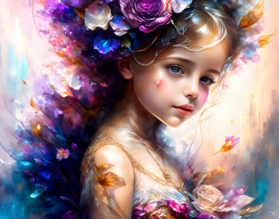 Young girl with expressive eyes in radiant floral aura embodies whimsical beauty