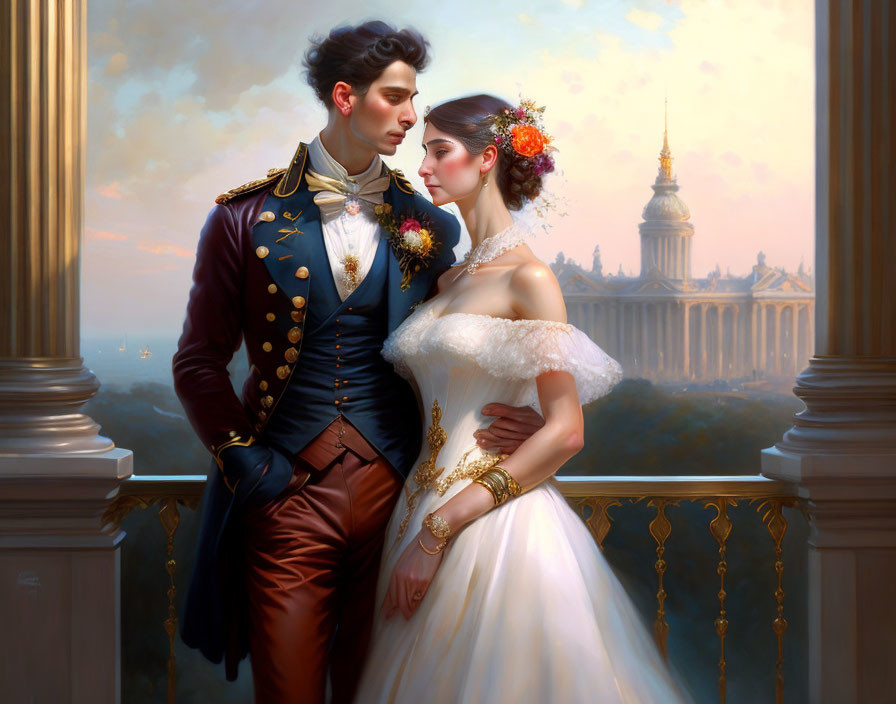 Regal couple in ceremonial attire with classical building backdrop