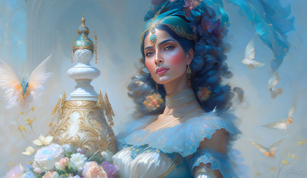 Woman in Blue Attire Surrounded by Butterflies and Ornate Headdress