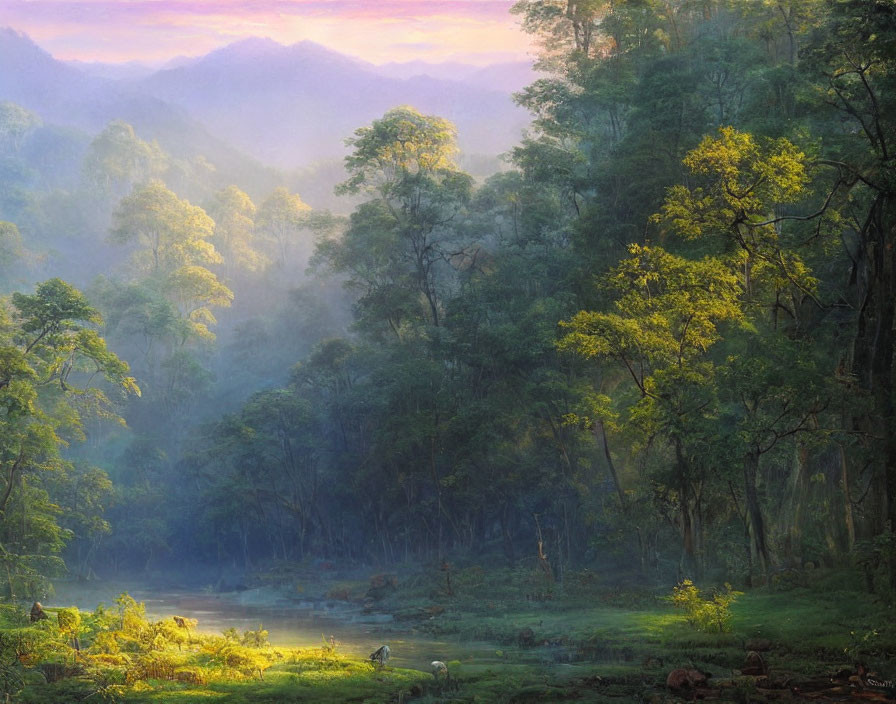 Misty forest at sunrise with stream and mountains