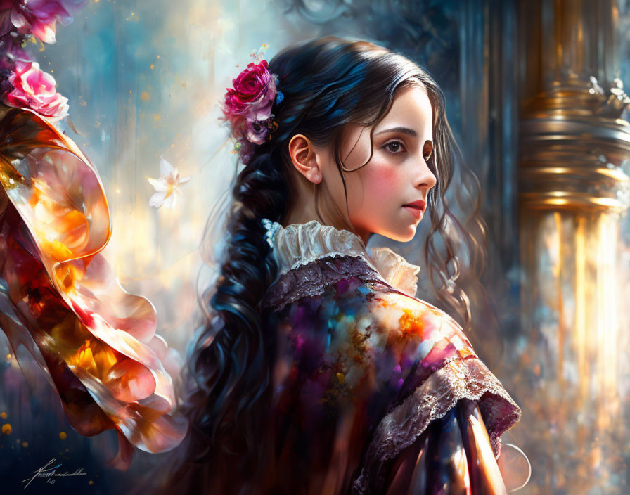 Colorful digital artwork: Woman with long hair, flowing garment, surrounded by glowing particles and flowers.