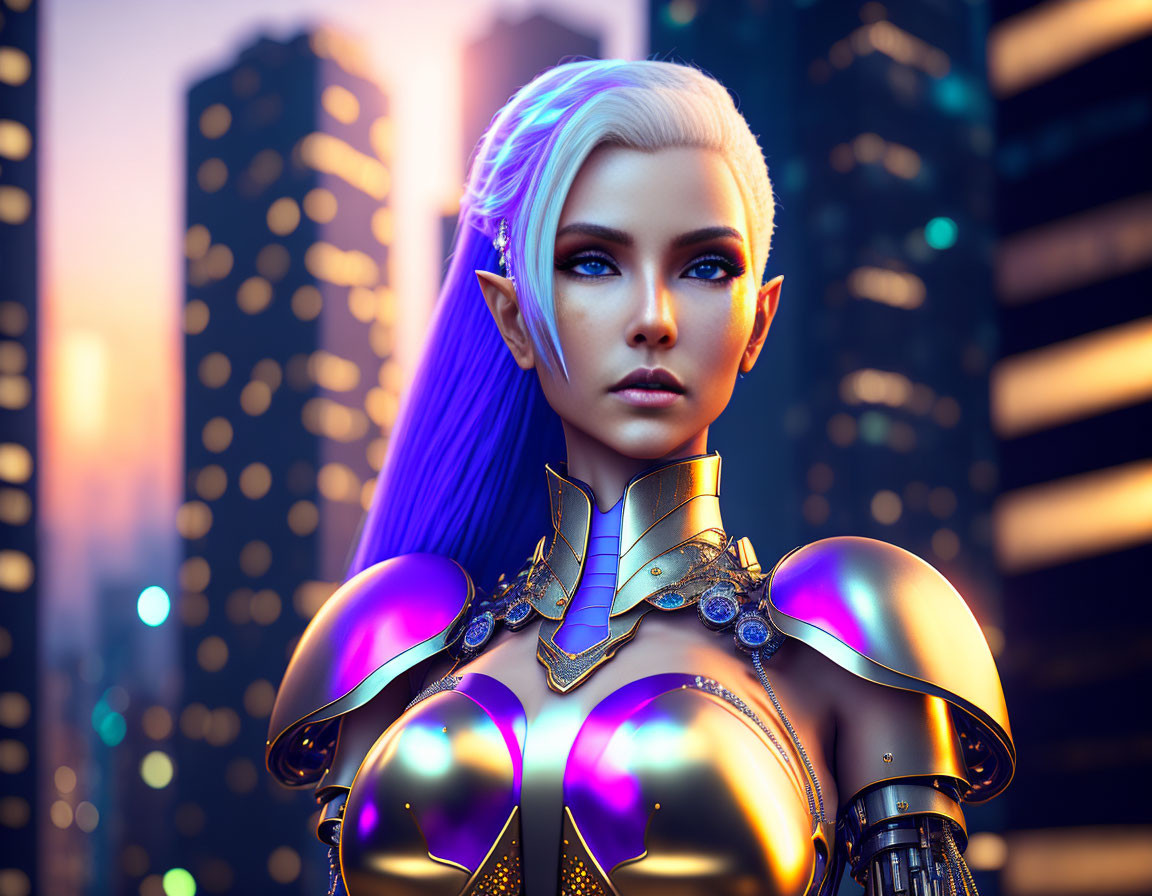 White-haired female character in futuristic armor against cityscape at dusk