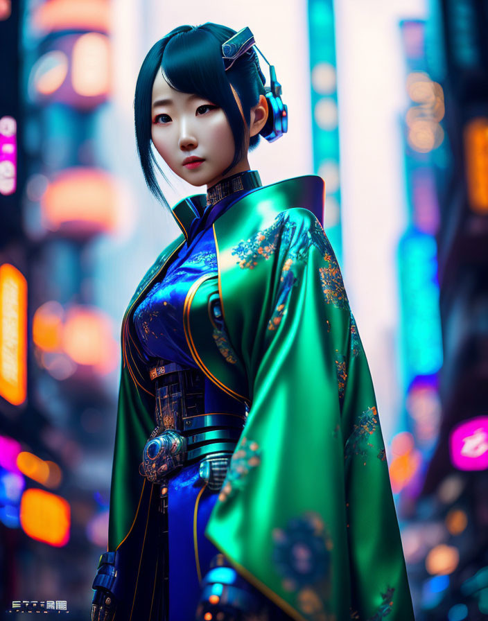 Futuristic kimono-clad woman with neon city lights