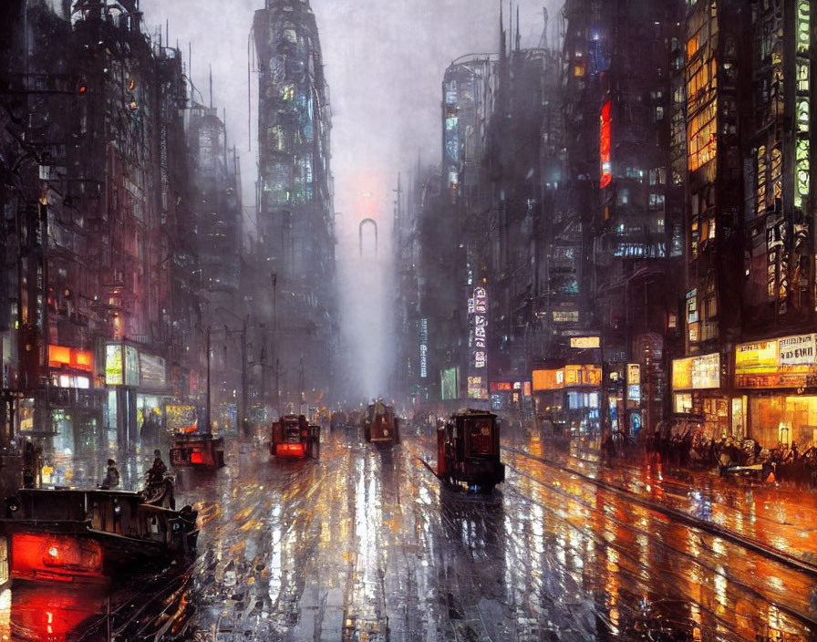 Futuristic rainy street scene with neon lights and bustling city life