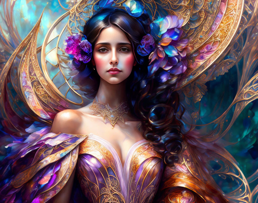 Fantastical digital artwork of a woman with golden and purple wings.