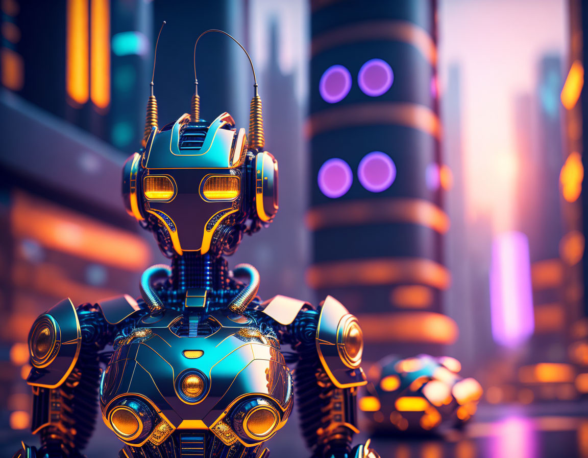 Intricate futuristic robot against neon-lit cityscape at dusk