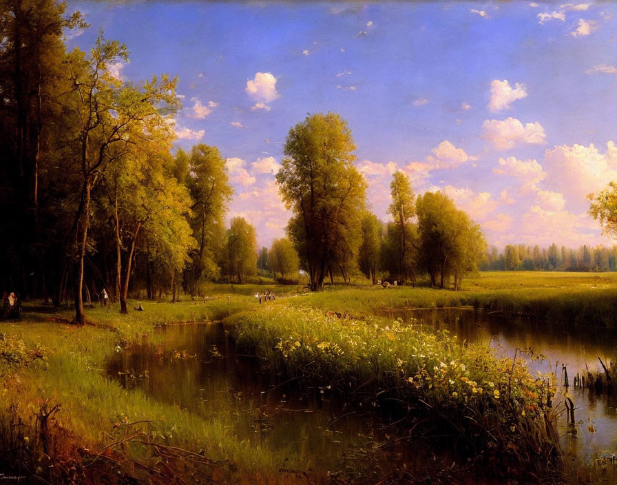 Tranquil landscape painting of lush meadow, calm river, and people under blue sky