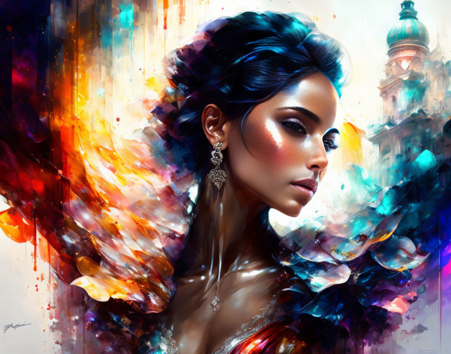 Colorful Abstract Digital Portrait of Woman with Ornate Earring