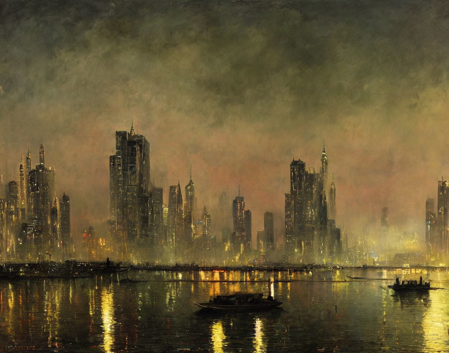 Silhouetted skyscrapers and boats in a dystopian cityscape at dusk