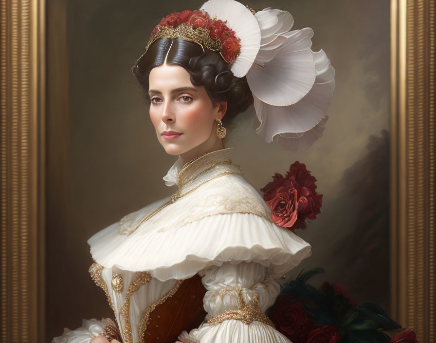 Regal woman in white dress with red headpiece and flowers.