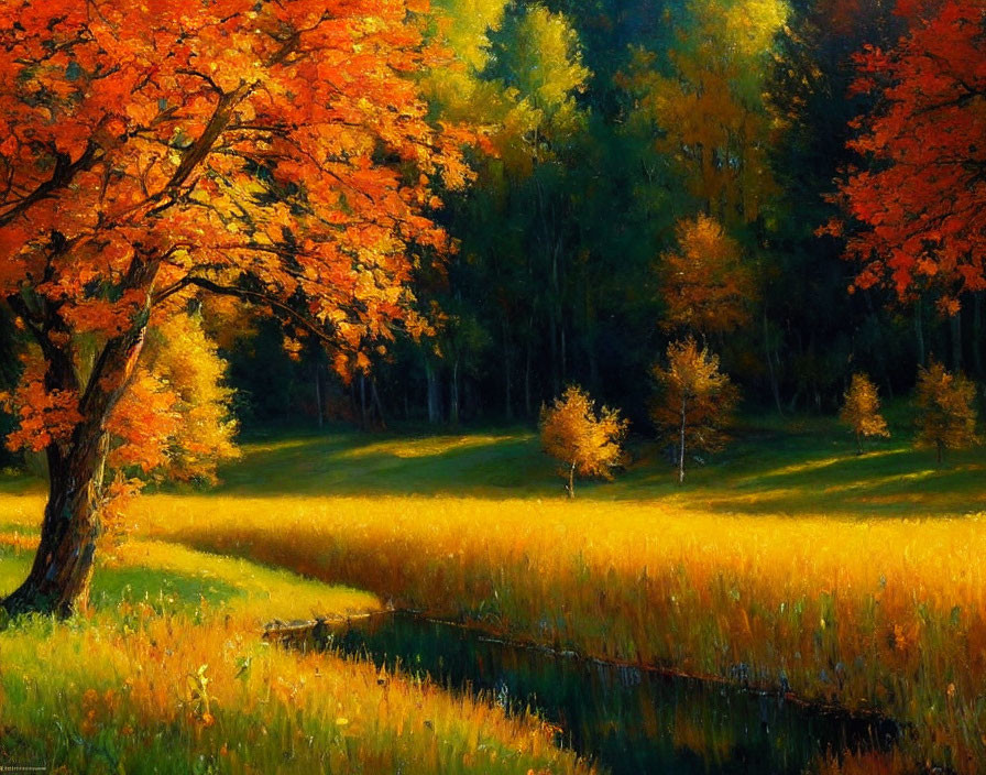 Scenic autumn landscape with orange tree, stream, meadow, and forest.