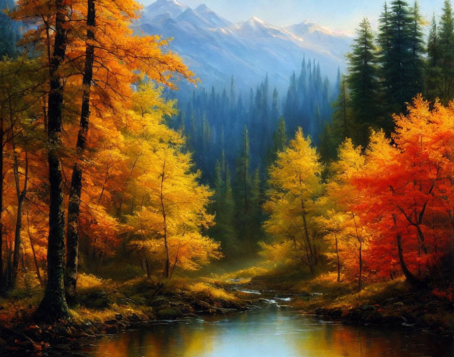 Vibrant autumn forest with orange and yellow trees, serene stream, distant mountains.