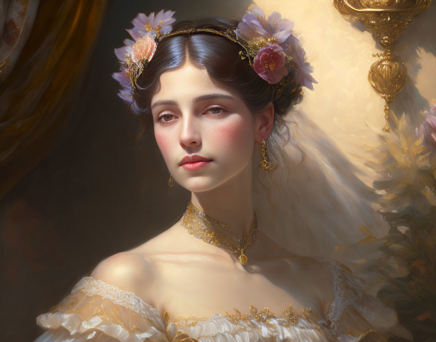 Vintage portrait of a woman with flowers, golden jewelry, and off-shoulder dress