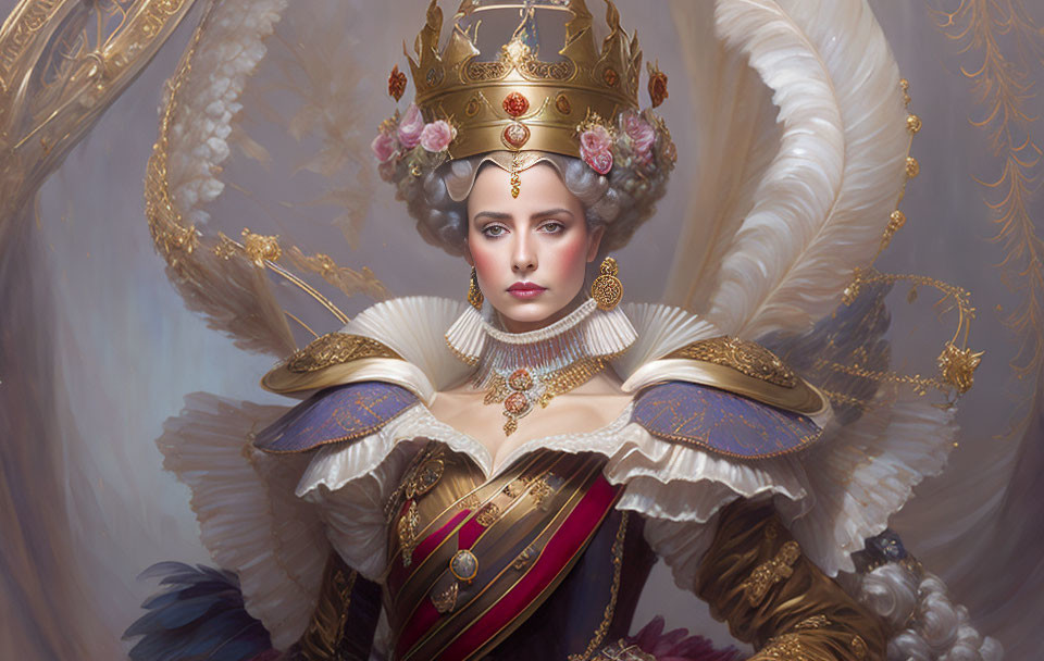 Regal woman in gold crown and royal gown surrounded by light and feathers
