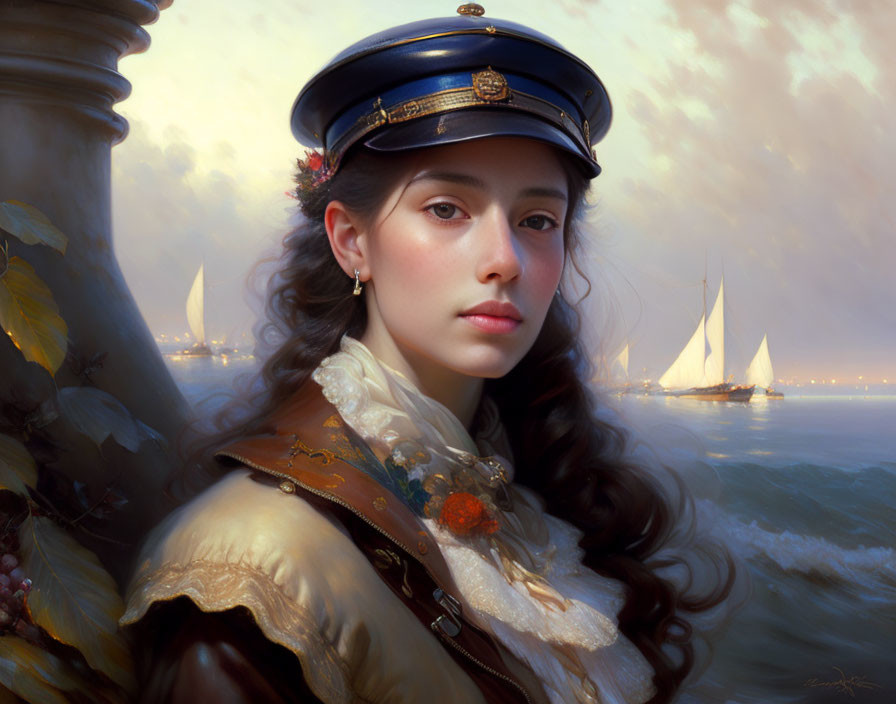 Young woman in 19th-century naval uniform by sailboats seascape