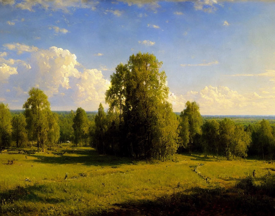 Tranquil landscape: green trees, grassy fields, blue sky