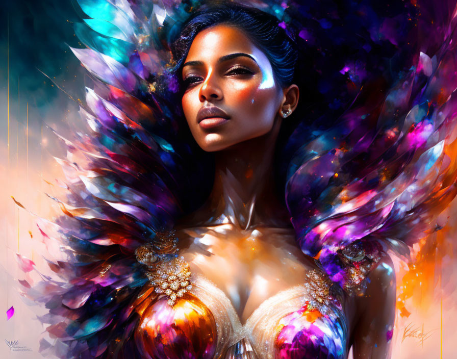 Woman adorned with vibrant feather-like embellishments and intricate golden necklace.