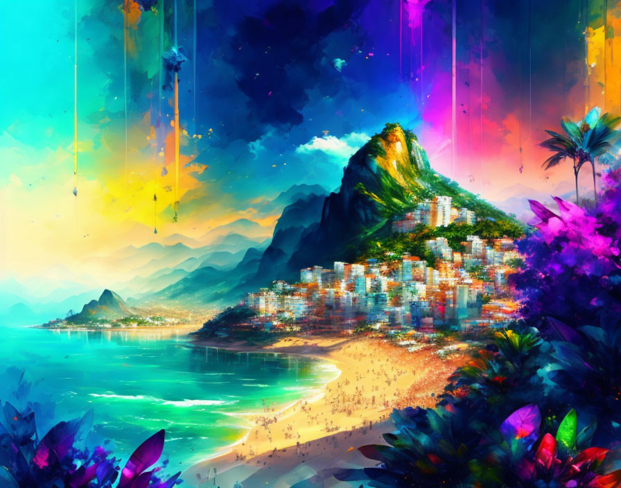 Colorful digital artwork: Tropical beach cityscape with mountains and lush foliage