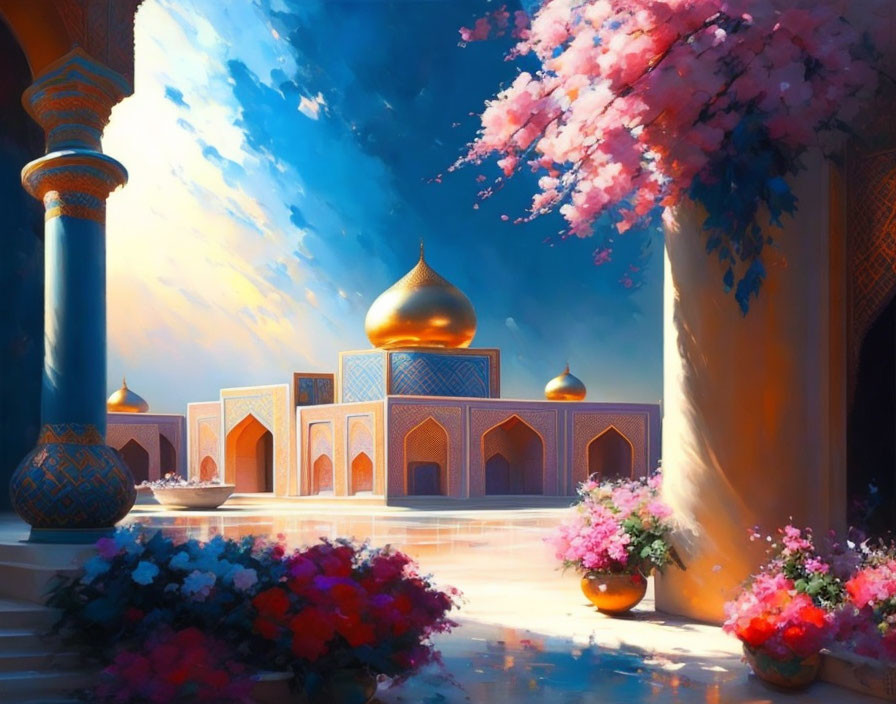 Colorful illustration of golden-domed buildings and cherry blossoms under blue sky