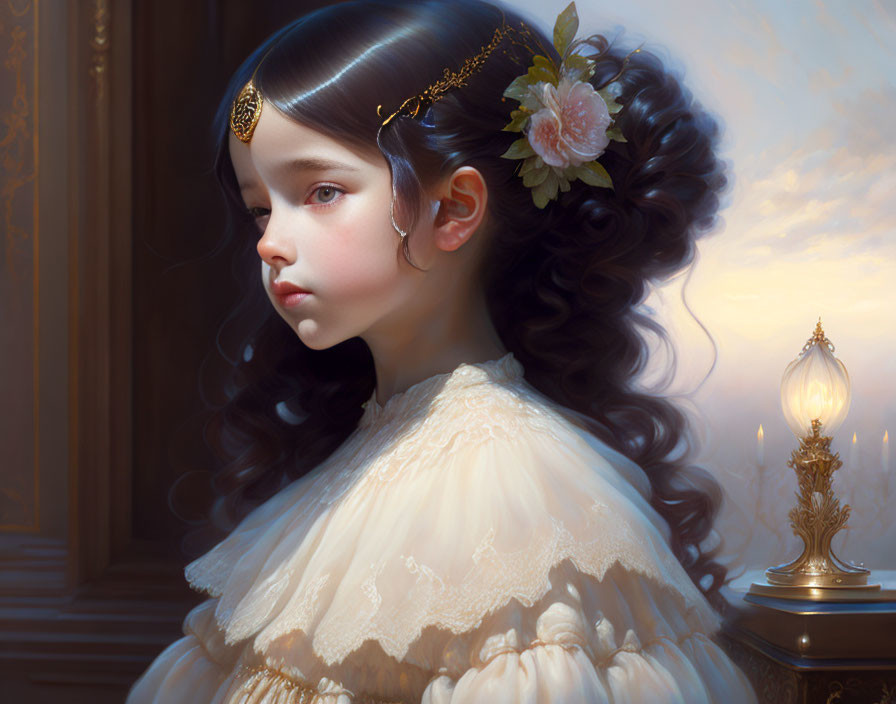 Dark-haired girl in white lace dress with golden headpiece gazes sideways