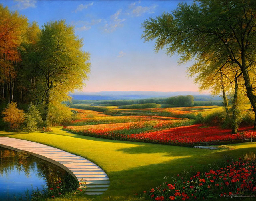 Tranquil landscape painting: lush field, red poppies, autumn trees, clear sky, calm
