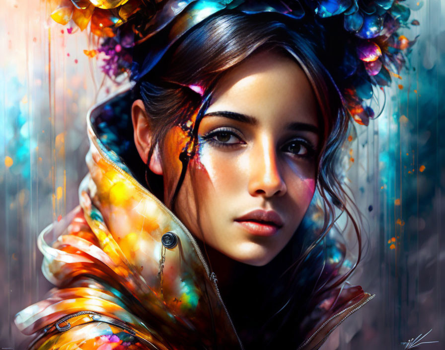 Vibrant digital portrait of a woman with flowers and paint splashes, wearing a jacket