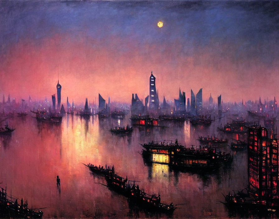 Cityscape painting with boats under moonlit sky