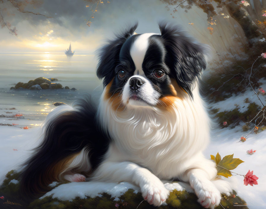 King Charles Spaniel Resting on Snowy Ground with Serene Sea, Sailing Ship, and