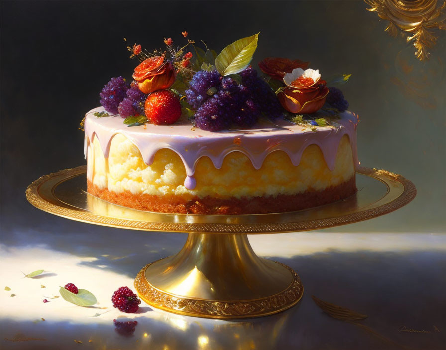 Elegant cake with purple drip icing, berries, and flower on golden stand