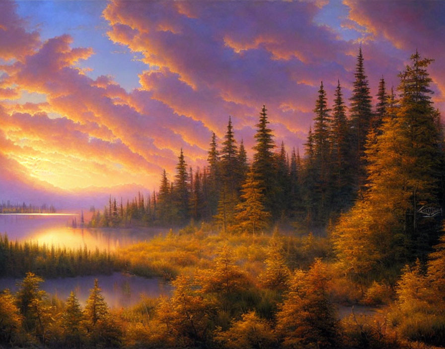 Autumn sunset painting: orange hues over tranquil lake & forest