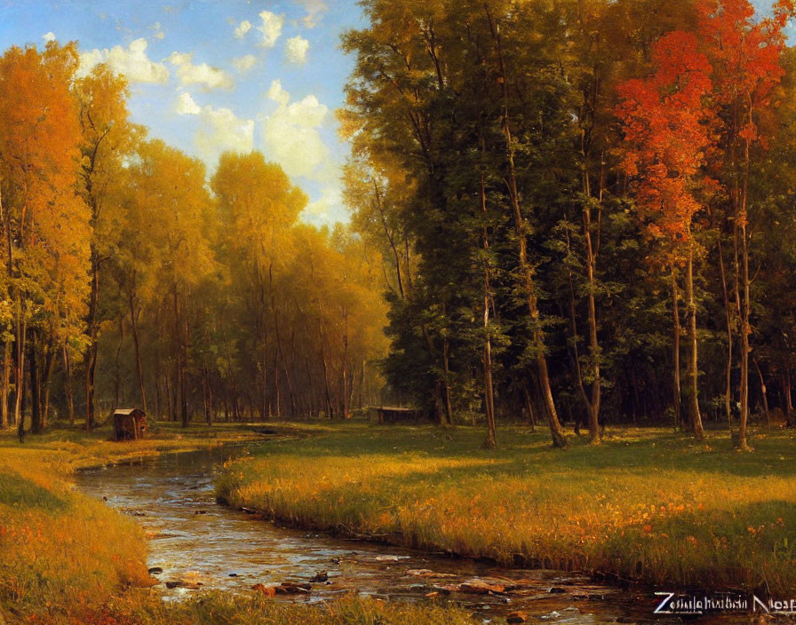 Tranquil autumn landscape with vibrant trees, river, hut, and blue sky