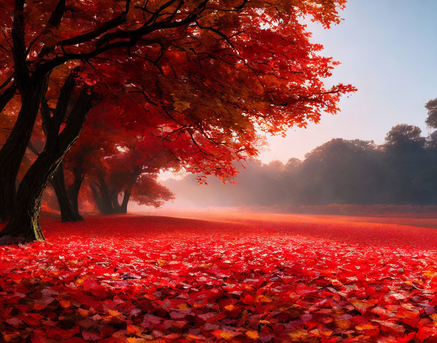 Autumn landscape: Red leaves cover ground under misty tree canopy