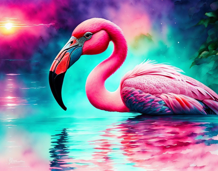 Colorful Pink Flamingo Illustration with Reflective Water Surface