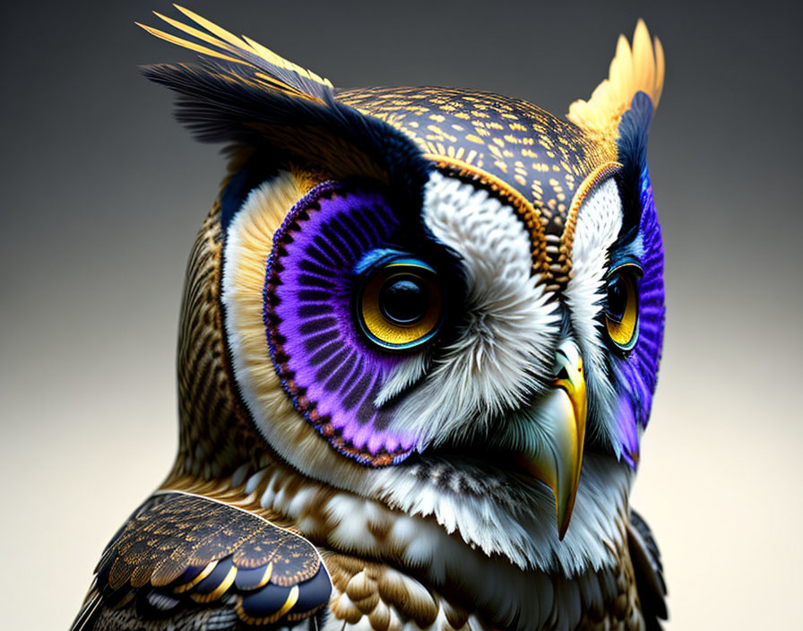 Vivid Stylized Owl Image with Purple and Gold Feathers